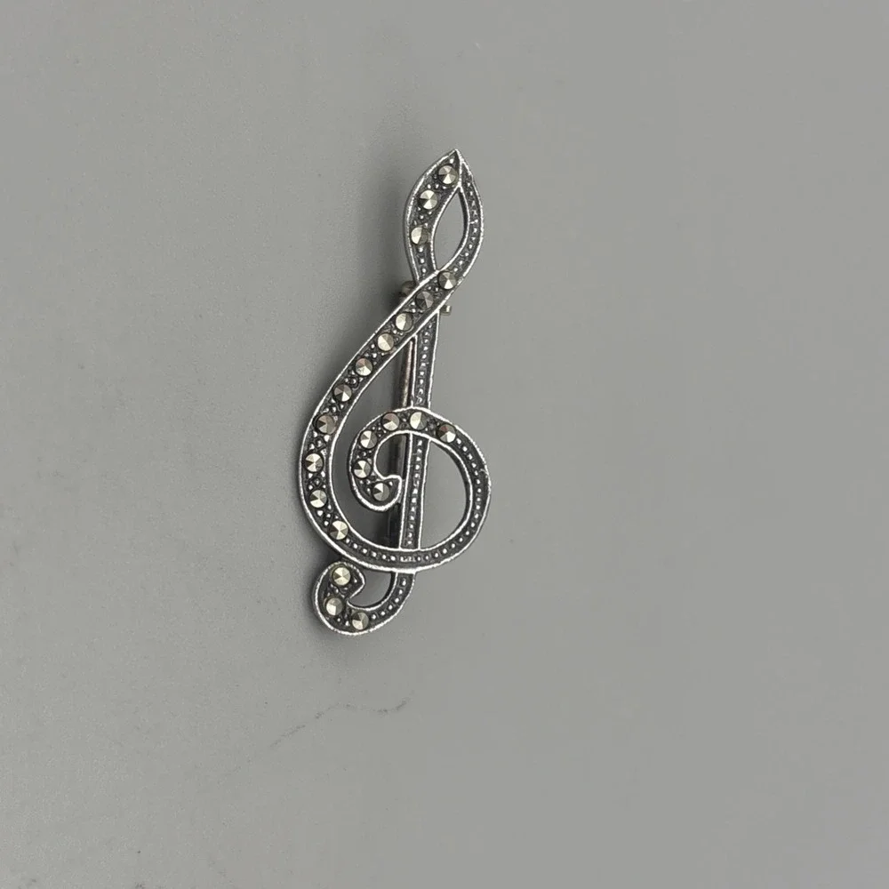 Sterling Silver‎ Marcasite Brooch Treble Clef Music Note 925 1.5